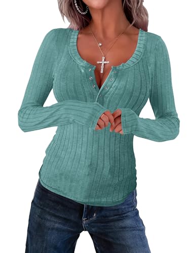 Image of APOFER Women's Long Sleeve Tunics Lightweight Ribbed Knit Blouse Scoop Neck Tops Snap Button Slim Fit Casual Henley Shirt
