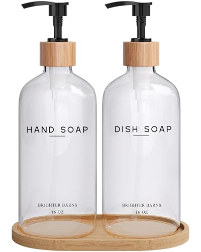 Clear Glass Hand and Dish Soap Dispenser Set by Brighter Barns - Kitchen Soap Dispenser Set with Bamboo Tray - Modern Kitchen Decor, Minimalist Decor (Clear)