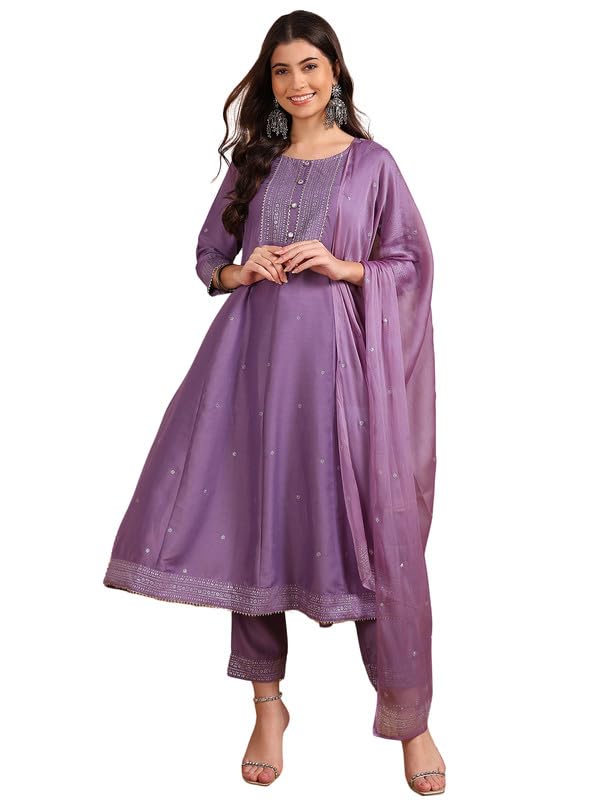 Image of Vaamsi Women's Silk Blend Solid Anarkali Kurta Pant With Dupatta