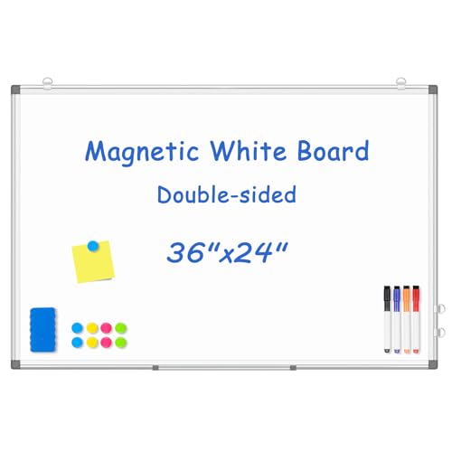 WALGLASS Magnetic White Board, 36' x 24' Double-Sides Dry Erase White Board for wall, Hanging or Mounted Whiteboard, Horizontal or Vertical, Silver Aluminium Frame, Home, School, Office, Kitchen