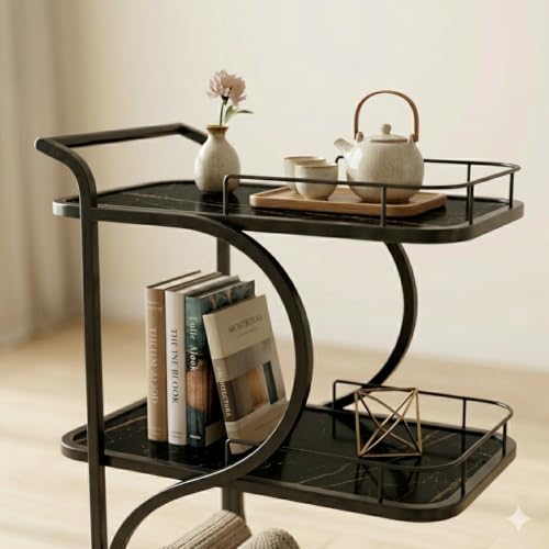 Image of Serving Trolley with Wheels for Home, Tea Food Drinks Serving Kitchen Trolley Restaurant, Hotels,Dining Room bar cart with Wheels (Full-Black)