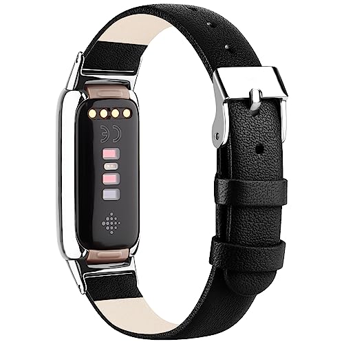 Wanme Lederarmband, kompatibel mit Fitbit Luxe, für Damen und Herren, weich, atmungsaktiv, Sportarmband, Metall, klassis...