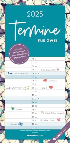 Alpha Edition - Fechas para planificador familiar de 2 colores, 22 x 45 cm, calendario familiar con 2 columnas para citas, hoja de pegatinas, calendario de 100 años, fechas de vacaciones DE/AT/CH y