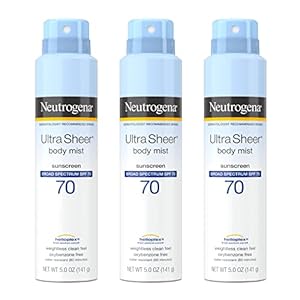 Neutrogena Ultra Sheer Body Mist Sunscreen Spray Broad Spectrum SPF 70, Lightweight, Non-Greasy & Water Resistant, Oil-Free & Non-Comedogenic UVA/UVB Sunscreen Mist, 5 oz