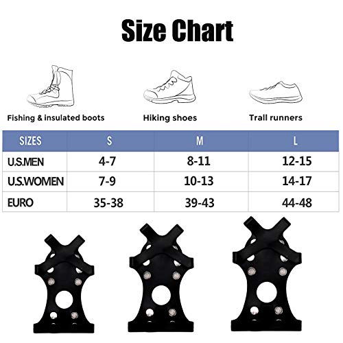 11 Spikes Crampons, Upgraded Version Stainless Steel Anti-Slip Microspikes, Ice Cleats Grips for Hiking Shoes and Boots, Hiking Fishing Walking Mountaineering (Black, Medium:Men(7-10)/EU:40-44)