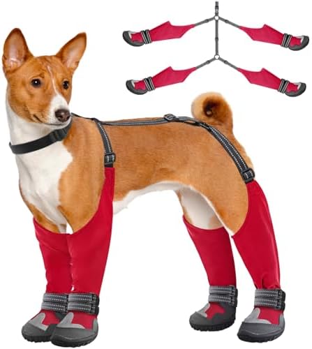 Idepet Dog Suspender Boots, Canada Pooch Tall Dog Boots Anti-Slip & Fall Waterproof Dog Shoes Leggings, Adjustable Suspender Boots for Dogs Winter Snow Rain Hiking Paws Protector (Red, XS)