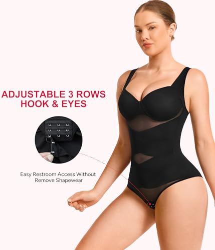 Gotoly Shapewear for Women Tummy Control Bodysuit Faja Body Shaper Waist Trainer V Neck Body Suit with Built in Bra(Black,Large)
