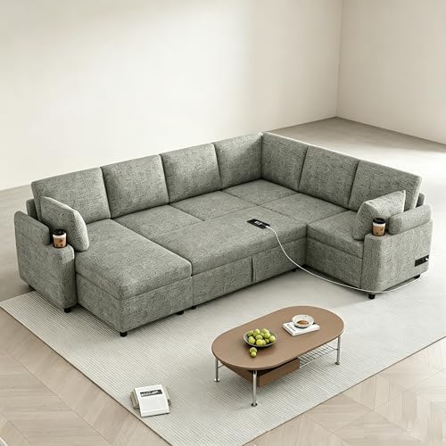 Image of ERYE 110-Inch U-Shaped Left Facing Sleeper Sectional Sofa Chenille Upholstered Corner Convertible Pull Out Sleeper Sofabed with Cupholders,Armrests Storage and USB Ports