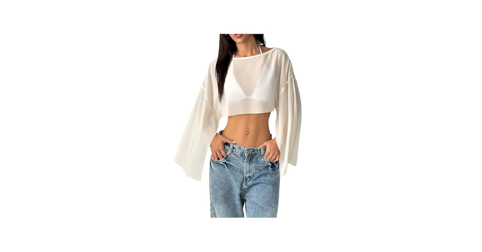 BEAUDRM Women's Y2K Blouse Sheer Flowy Tops Crop Blouses