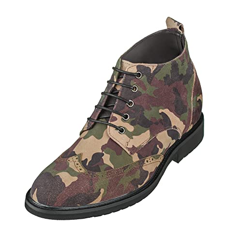 CALTO Men's Invisible Height Increasing Elevator Shoes - Camo Green Premium Leather Lace-up Lightweight Wing-tip Work Boots - 3 Inches Taller - S3651 - Size 8 D(M) US - Main Image