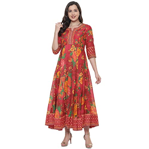 Image of BIBA Women's Fit and Flare Cotton Flared Fusion Printed Below The Knee Dress