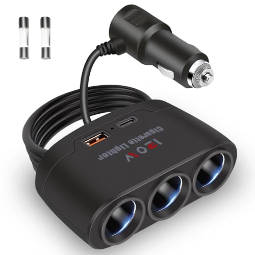 5-en-1 Adaptador Divisor Encendedor 120W Cargador Coche con 3 Puertos Mechero+1 Puerto USB+1 Conector PD para Tableta/Teléfono/GPS/Dash CAM(60cm)