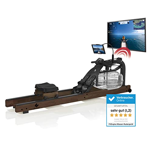 FitEngine Wasser-Rudergerät Dunkelbraun Smart | Mit Wasserwiderstand, hochwertiges Echtholz | LCD-Display, mit App Kompatibilität (Kinomap) | Ergonomischer Sitz, Halterung für Tablet oder Smartphone Cover
