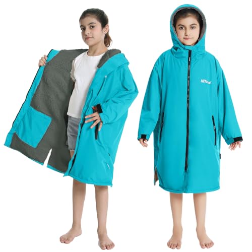 Image of Hiturbo Warm Kids Swim Parka: Waterproof Changing Robe - Oversize Swimming Coat - Hooded Surf Poncho - Thick Lining (7-14Y)
