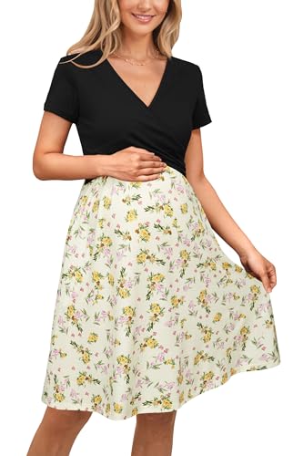 Image of OUGES Maternity Nursing Dress Breastfeeding Short Sleeve V Neck Casual Pregnancy Clothes with Pockets