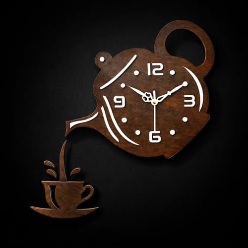 Image of cozyloom Tea Time Theme Creative Wooden Wall Clock | Teapot & Cup Cutout Design | Elegant Kitchen Decor & Gift | Dark Brown.