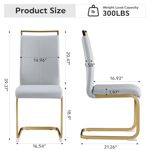 Image of Baysitone Modern Dining Chairs Set of 2, Side & Kitchen Chairs with Gold Frame, Faux Leather Padded Seat High Back, for Dining, Kitchen & Living Room - Light Grey