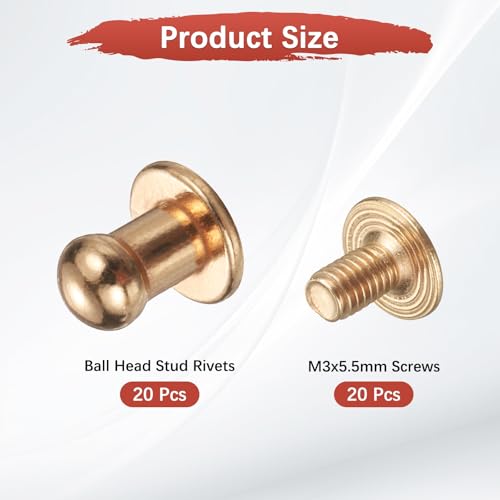 TIXIPEM 5mm Ball Head Stud Rivets Screw Back [20Pcs] - Metal Round Head Button Nipple Rivet Use for Bag & Belt & Handbag & Leather Craft & DIY Decoration - [Gold] - Thumbnail 4