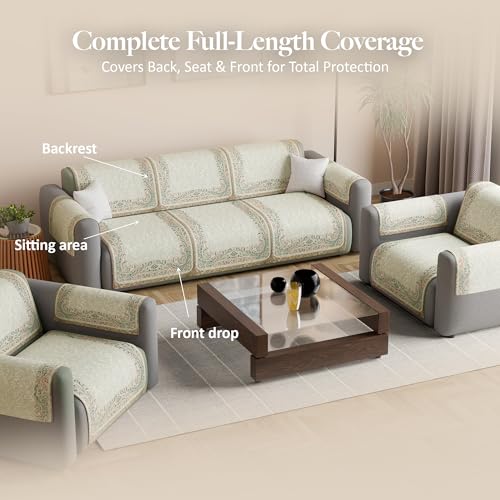 Image of Kuber Industries 5 Seater Sofa with Arm Cover | Velvet Slipcover for Living Room | Thick & Cozy | Non-Slip Comfort Sofa Cover Set | Digital Painting Juliet 1186 - Beige & Green