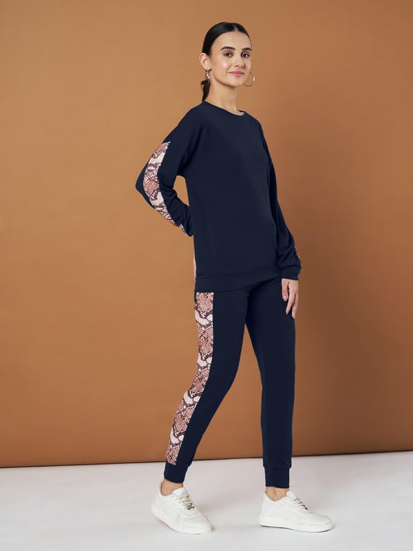 Image of DTR FASHION Cotton Blend Styled With Snake Skin Print On Sleeves Tracksuit | Co-ord Set For Women| Active Wear Suit Set For Women|