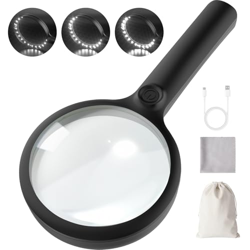 Keafont 5X Magnifying Glass with Light, Upgraded Large 4.33" Handheld Illuminated Lighted Magnifier with 3 Light Modes for Seniors Reading, Coins, Jewelry, Close Work, Kids Nature Exploration(Black)