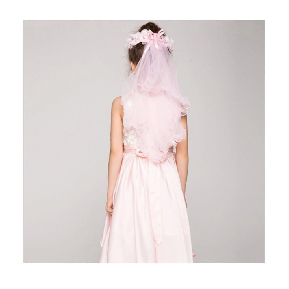 Wedding Baptism Communion Bridal/Flower Girls Short Head Veil White/Pink Floral Headband Kids JunMing INC (Pink)