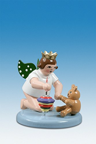 Ange de Noël en bois artisanal de 6 cm avec son ourson et sa toupie