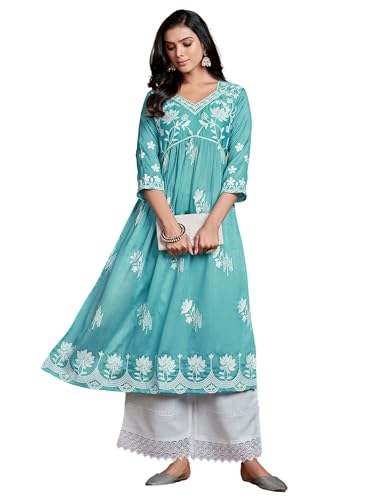 Image of EthnicJunction Women's Silk Blend Regular Fit Chikankari Embroidered Naira Cut Kurta