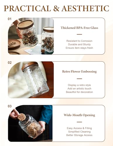 PENGSHU Vintage Glass Jar with Wood Lid - Christmas Airtight Canisters for Kitchen Countertop Bathroom, Storage Candy, Cookie, Coffee, Apothecary, Sugar, Flour,Pet Treat (Begonia, 24oz/700ml)