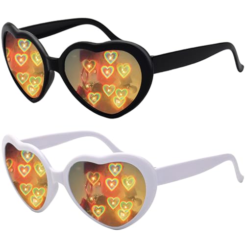 2 Pack Heart Shaped Sunglasses, Heart Effect Sunglasses for Rave Party, Valentines Day Love Gift