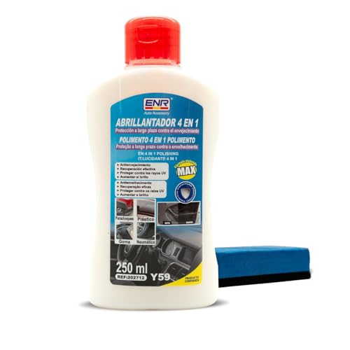 Enerfero renovador plasticos Coche -Limpieza Coche-Limpia salpicaderos Coche- Limpiador y Protector multifunción-Abrillantador de neumáticos 250 ml + Esponja Fórmula a Base de Agua
