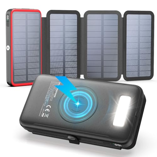 Chargeur Solaire 27000mAh Batterie Externe sans Fil - 22,5W Charge Rapide USB-C Power Bank avec Trois Sorties USB PD 4.0 QC 3.0 et 4 Panneaux Solaires pour Smartphones, Tablettes (Rouge)