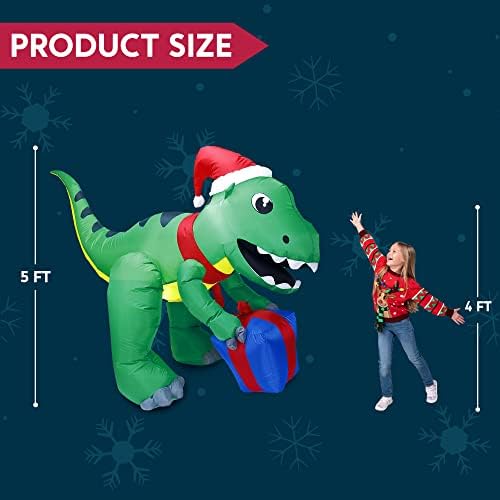 Joiedomi 152CM Dinosaur Christmas Inflatable Decoration, Blow Up Dino Inflatable Build-in LEDs Light Up Giant Christmas Yard Décor for Xmas Holiday Outdoor Garden Decoration