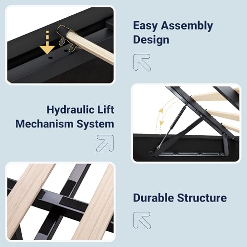 Image of Allewie Full Size Lift Up Storage Bed Frame,Storage Shelf Headboard with Charging Station,Type-C and USB Ports,Hydraulic Support,Velvet Upholstered Bed Frame,No Box Spring Needed,Black