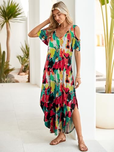 Image of BELAROI Womens Cold Shoulder Maxi Dress Plus Size V Neck Summer Sundresses with Pockets Beach Coverup Vacation Outfits