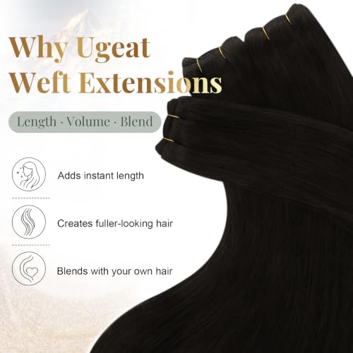 Image of Ugeat Sew in Hair Extensions Real Human Hair, Double Weft Human Hair Extensions Darkest Brown, Sew in Extensions 20 Inch 100g, Thickeness