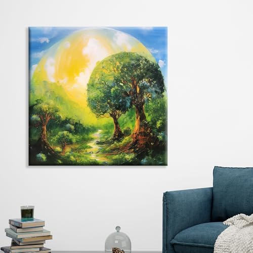 Image of EXSHA Vibrant Fantasy Forest Canvas Wall Painting with Radiant Sun & Lush Green Trees|Serene Nature Landscape Art for Living Room, Bedroom, Office Decor|Nature Painting for Wall Decoration|24x24 Inch