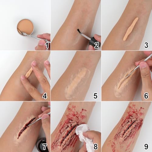 Bowitzki Halloween Makeup Kit Special Effect sfx Makeup,Liquid Latex+Scab Blood+Spray Blood+6 Colors Oil Based Face Paint+SFX bruise wheel+Skin Wax+Stipple Sponges+Latex free Sponges+Spatula+Brushes - Image 6