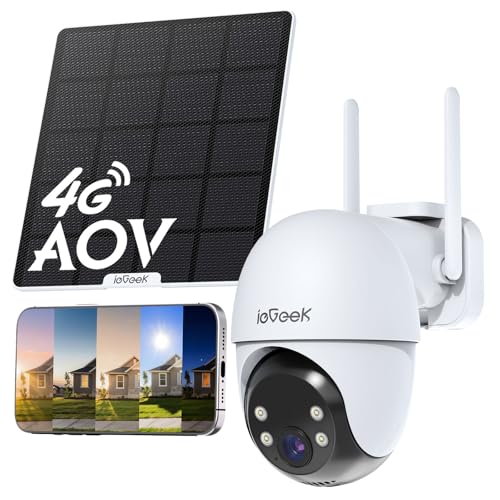 ieGeek 24/7 Aufzeichnung AOV 4G LTE Überwachungskamera Außen mit SIM ohne WiFi 360 PTZ 2K 3MP KI-Erkennung Auto-Tracking 25m Nachtsicht 5W Solarpanel 10000mAh Akku 2-Wege-Audio IP65