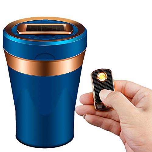 Avmtokar Car Ashtray Detachable Ceramics with Lid Led Light and Removable Lighter Solar Energy and USB Dual Charging for Most Car Cup Holder(3. Blue with Lighter)