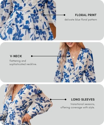 Image of Leriya Fashion Women's V-Neck Floral Print Ruffle Long Sleeve A-Line Mini Dress | Elegant Casual Party Outfit | Lightweight Layered Summer Wear