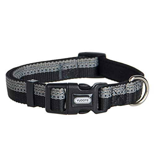YUDOTE Collier réfléchissant pour chien en polyester doux et léger avec doublure rembourrée en néoprène pour petit chien, cou 25-38 cm, noir gris
