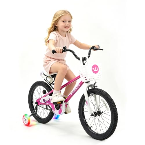 Image of WinHope 12-18 Inch Kids Bike with Light up Training Wheels for Boys Girls | Dual Brake Bicycle with Basket Adjustable Seat Water Bottle for Summer Riding Birthday Gift for Toddler 2-9 Years