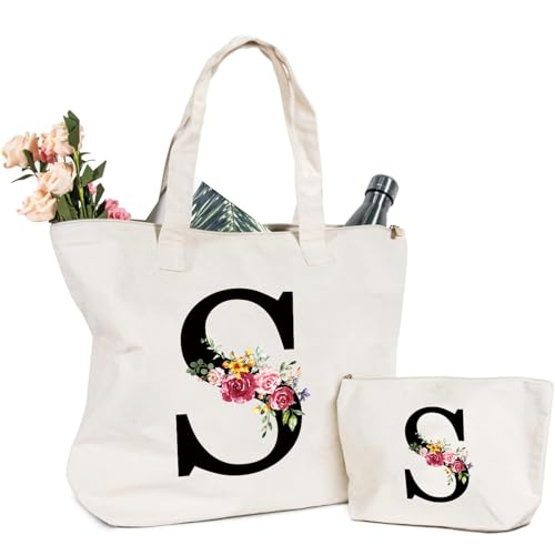 Bolsa de lona personalizada com letras, bolsa tote feminina com inicial e flores, bolsa de compras com bolso interno, alfabeto, bolsa de cosméticos, presentes para damas, amigas, mãe, presente de