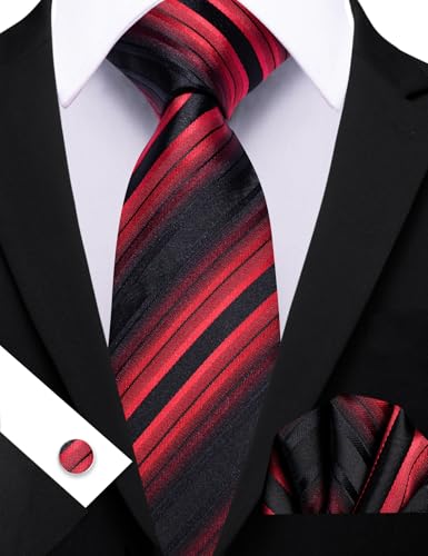 Image of Barry.Wang Man Stripe Ties Set Silk Woven Pocket Square Necktie Cufflinks Formal Party Business