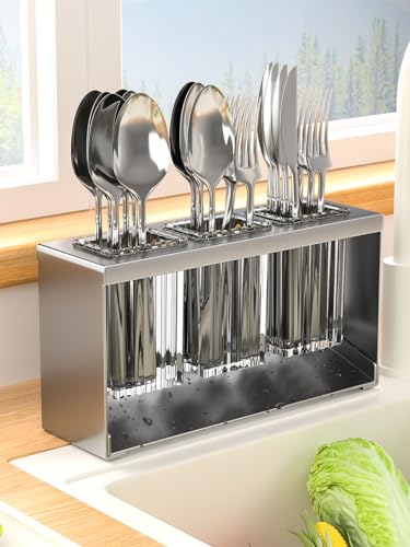 Hosoncovy Countertop Cutlery Drying Holder Cutlery Drainer Tableware Holder Box Tabletop Separated 3 Cups Fork Chopstick Kitchen Storage Cutlery Utensil Organizer (Grey)