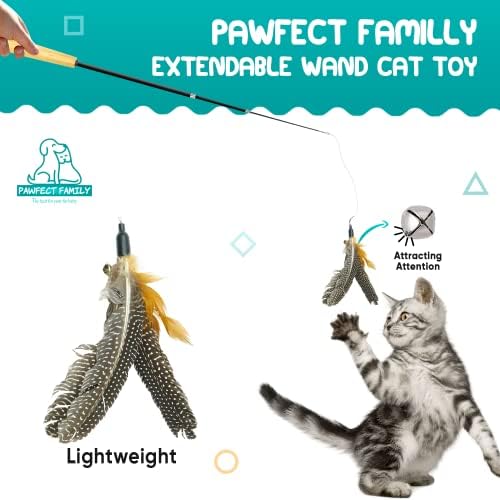 Pawfect Family® Interactive Cat Toy Set with Retractable Wooden Wand, Scalable Fishing Rod with 6 Feather toys for Kitten and Adult cats, Teaser Stick with 6 Refills for both indoor and outdoor cats