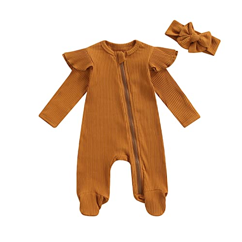 Image of YINGISFITM Baby 3 6 Months Girl Clothes Newborn Onesie Ruffle Long Sleeve Ribbed Romper Jumpsuit One Piece Hospital Outfit (ribbed brown, 3-6 Months)