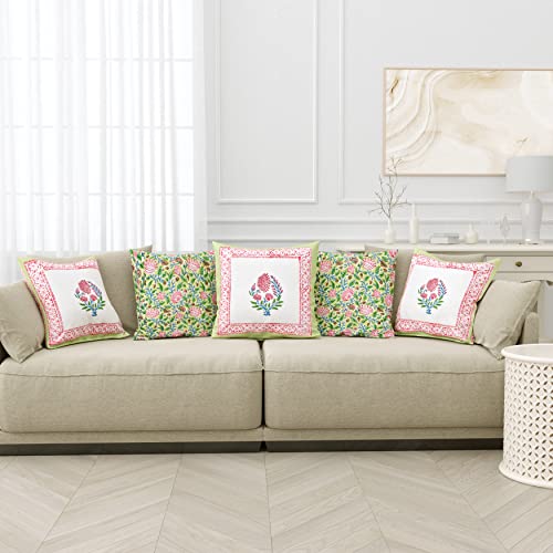 Image of BLOCKS OF INDIA Hand Block Printed Cotton Linen Cushion Cover (16 X 16 Inches) (Green Motifs), 250 TC