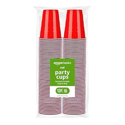 Amazon Basics Disposable Plastic Party Cups, Red, 18oz, 120 Count, Large Pack, Packaging May Vary